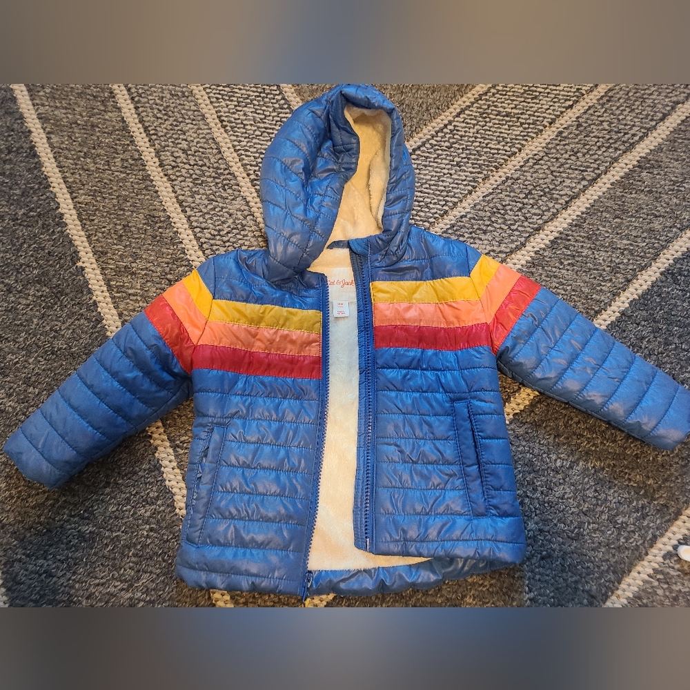 Cat & Jack Blue Puffer Jacket with Rainbow Stripes